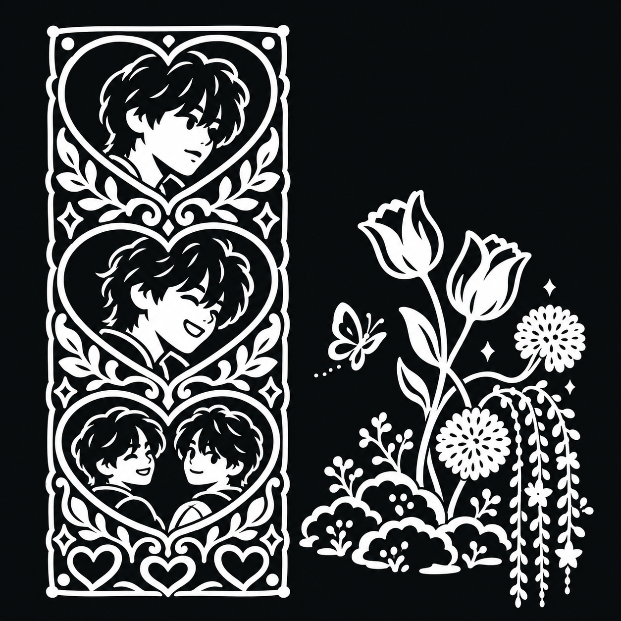 Bold white cartoon doodle of three heart-shaped portrait frames beside a sculptural flower arrangement