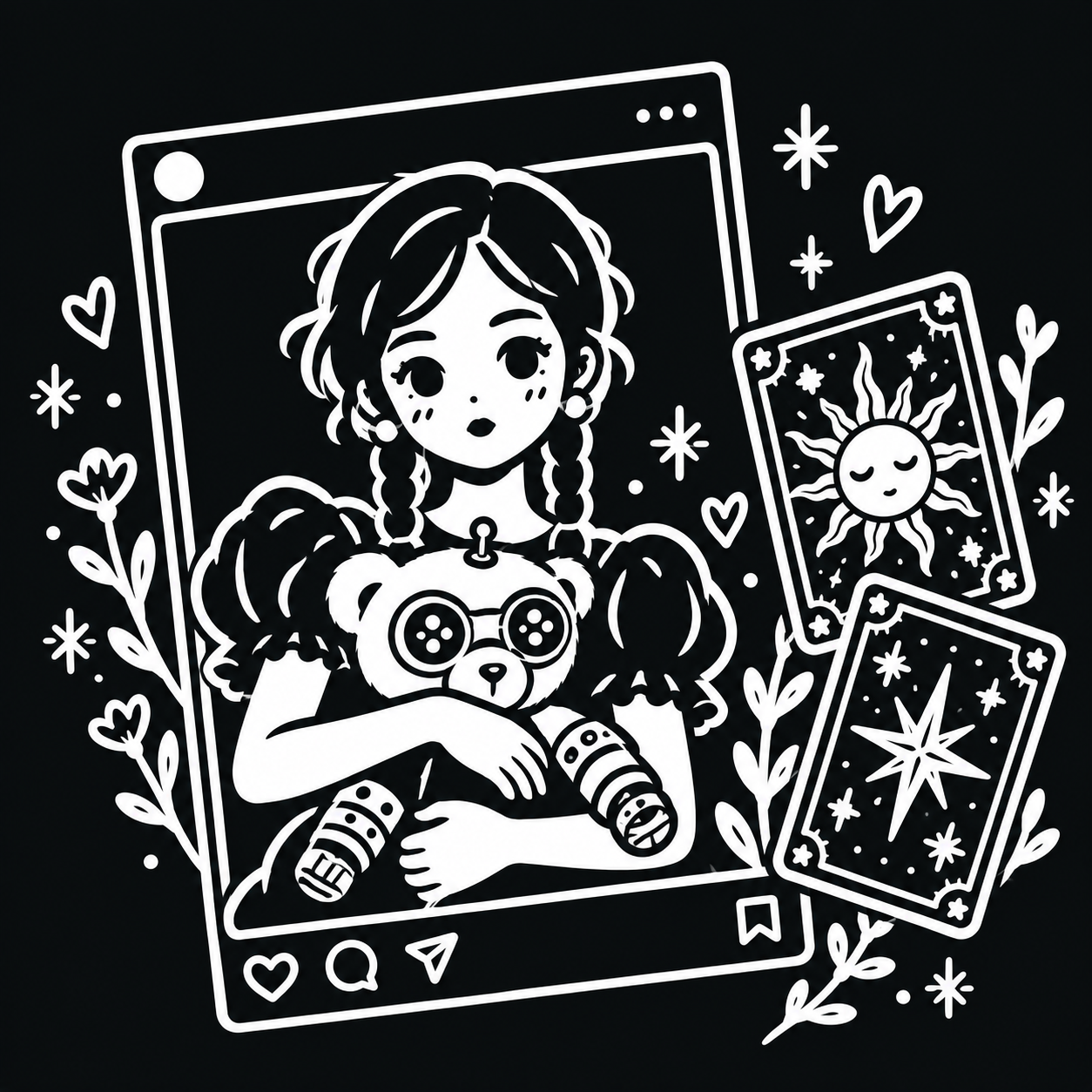 Bold white cartoon doodle of a woman holding a teddy bear inside an Instagram-style frame beside tarot cards